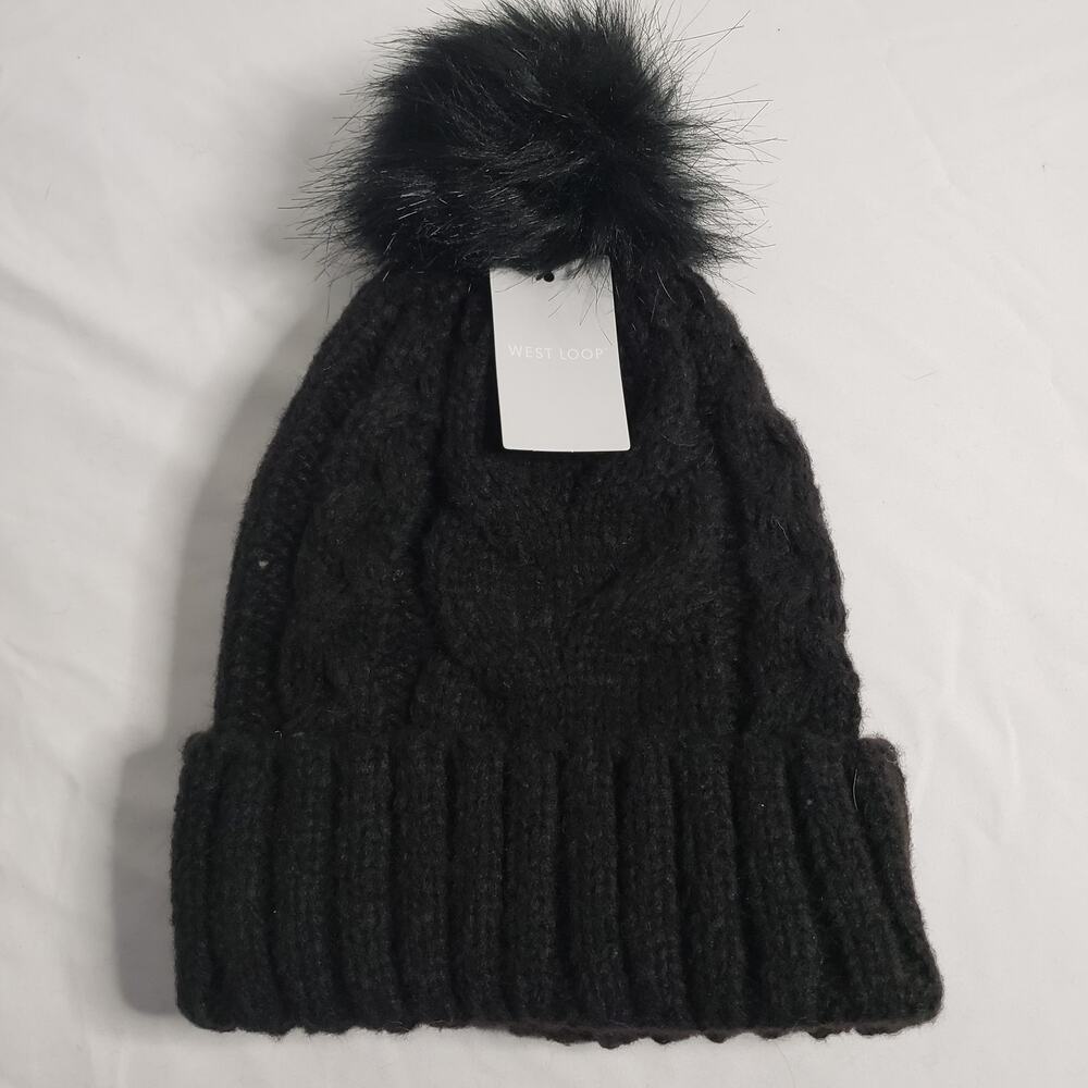 West Loop Women's One Size Cable Knit Pom Pom Beanie Winter Hat Black New